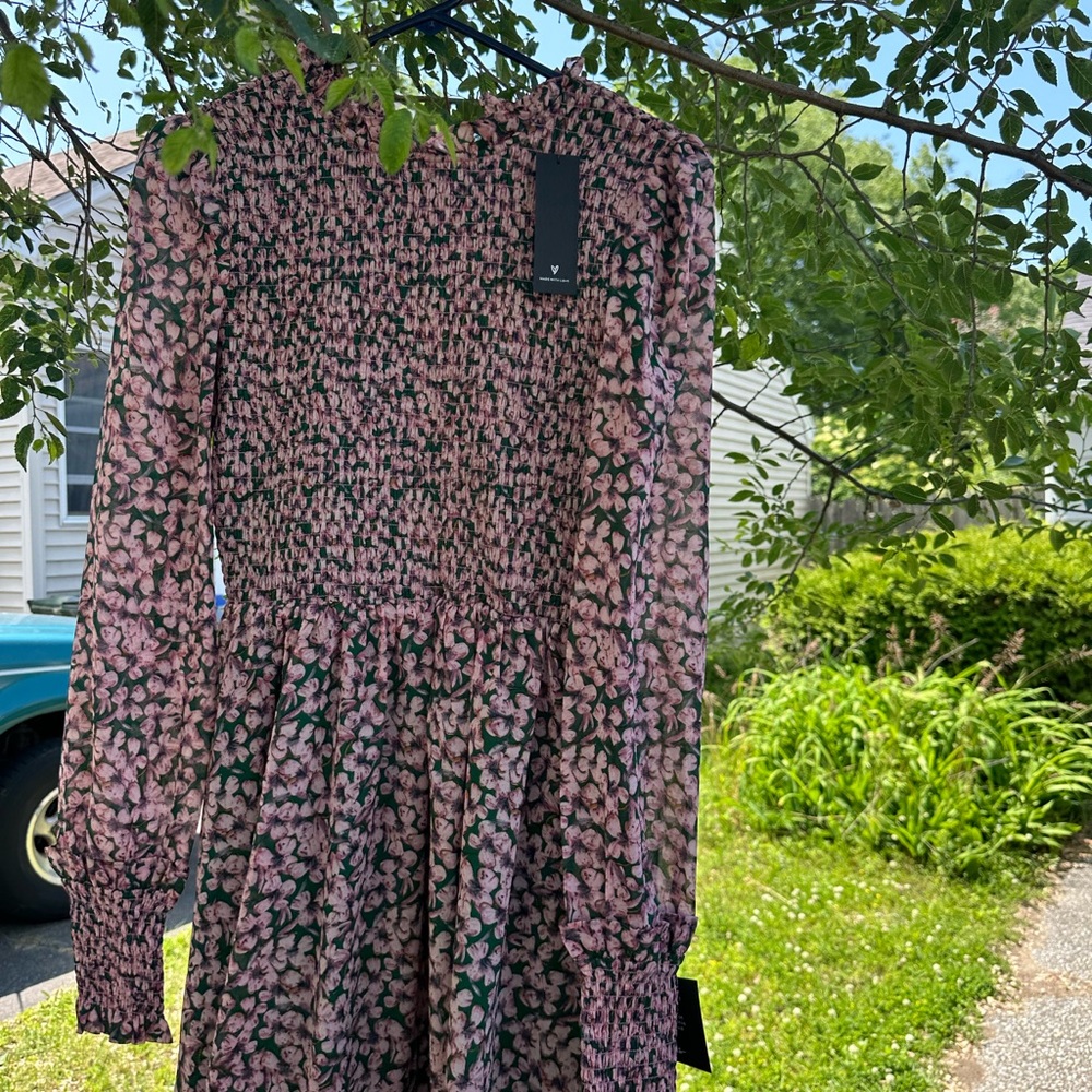 Lulu's Floral Long Sleeve Dress in Pink and Green